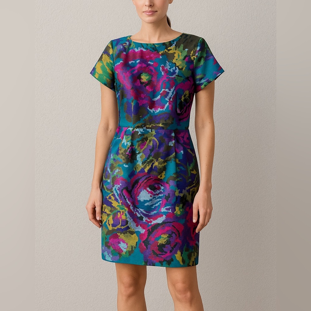 David Meister Teal multi-color pixel geometric floral sheath dress size 8
